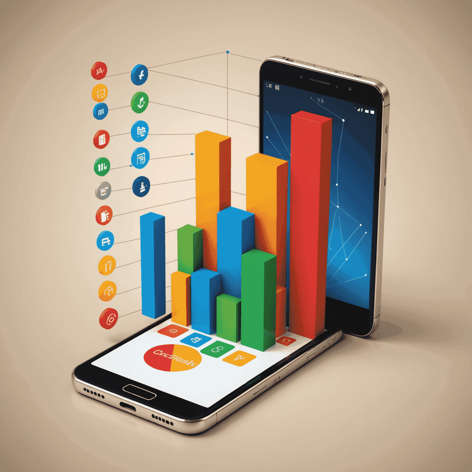 A smartphone with a rising bar graph representing increasing mobile balance. The image shows various mobile carrier logos to indicate compatibility with multiple networks.