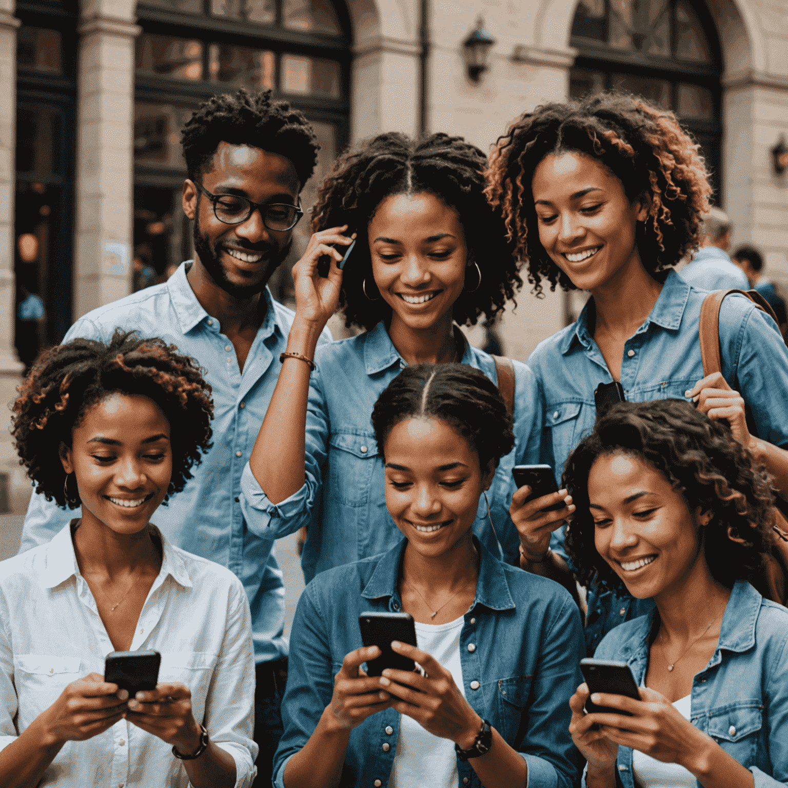 A diverse group of people using smartphones to make international calls, symbolizing global connectivity