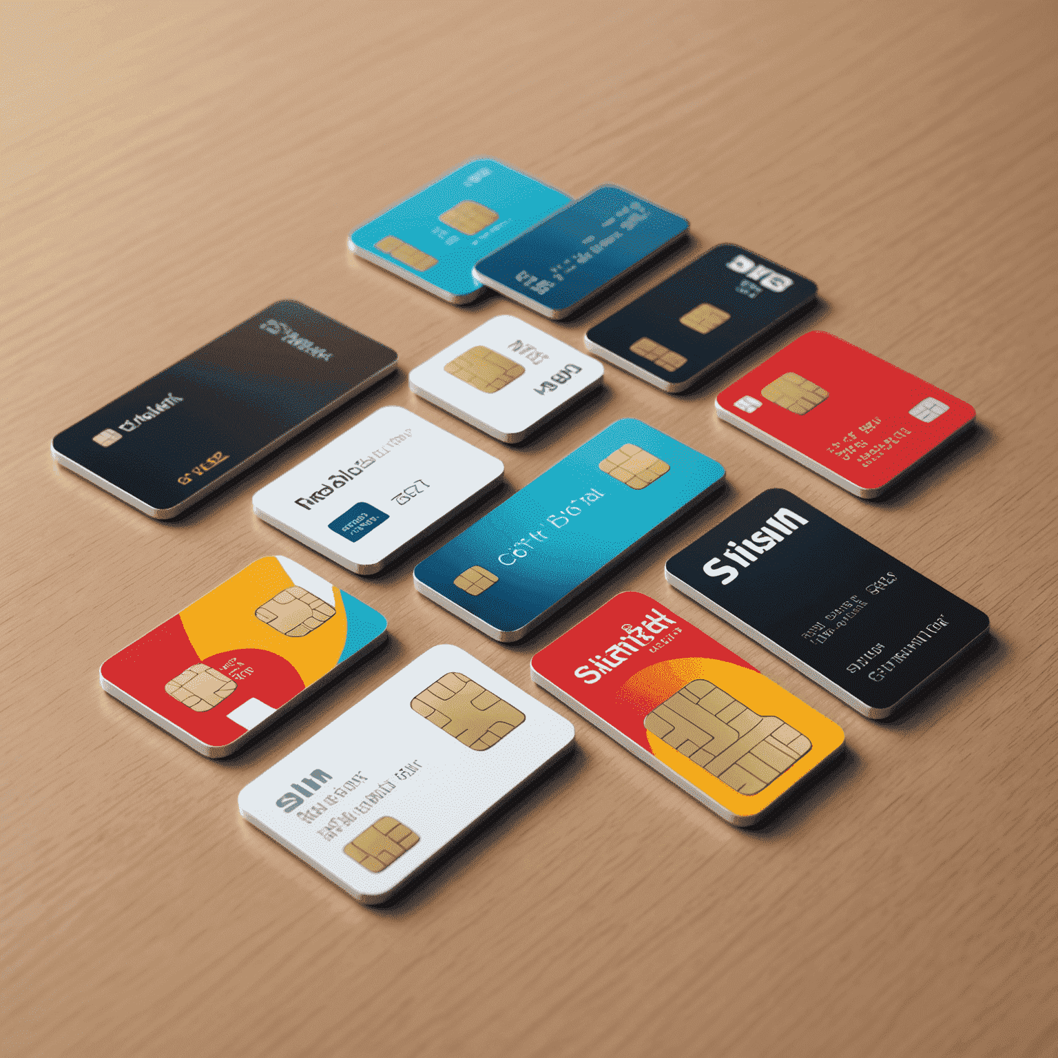 Various SIM cards for different mobile networks displayed on a sleek, modern counter