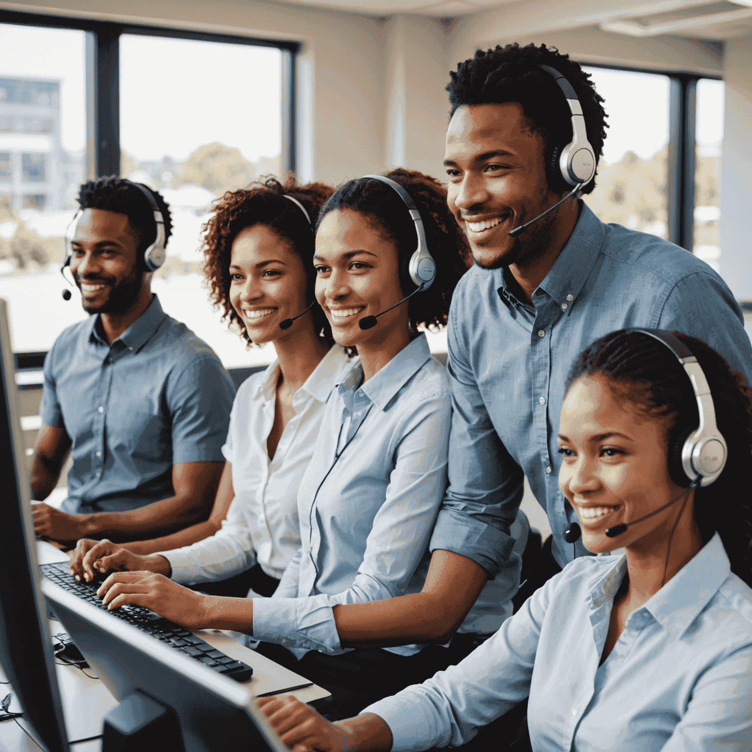 A diverse team of customer support representatives wearing headsets and smiling, ready to assist with mobile communication needs