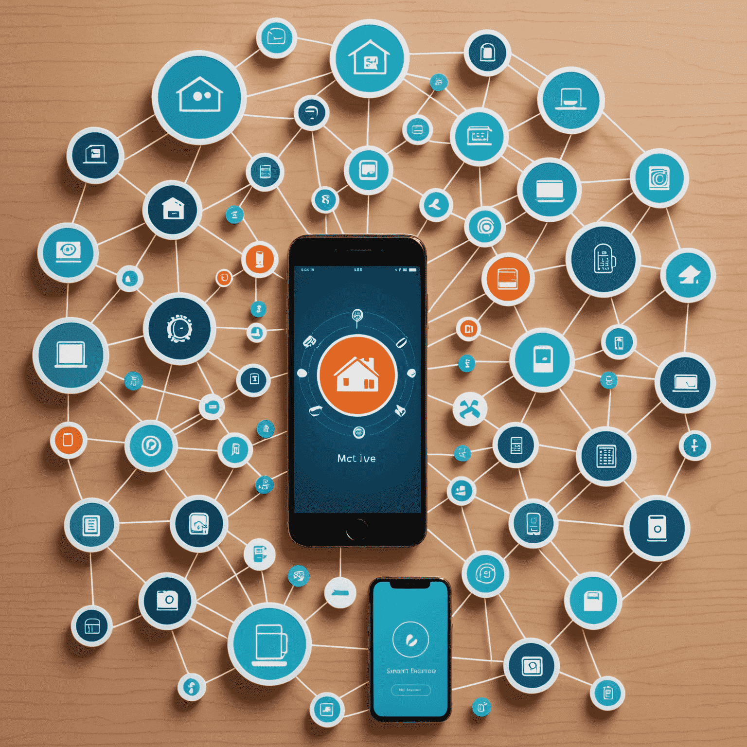 Illustration showing a smartphone at the center of a network of IoT devices, including smart home appliances, wearables, and sensors