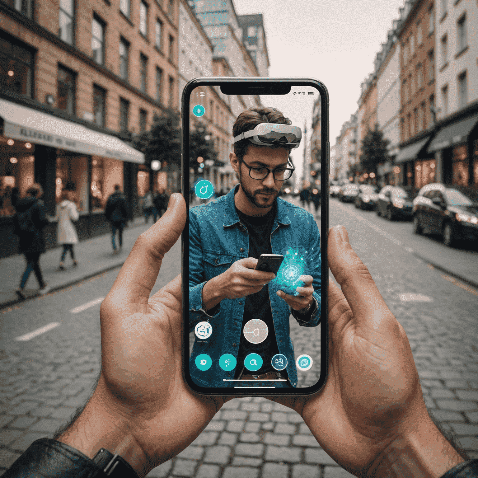 Person using a smartphone with an augmented reality overlay, showing virtual information and interactive elements superimposed on the real world