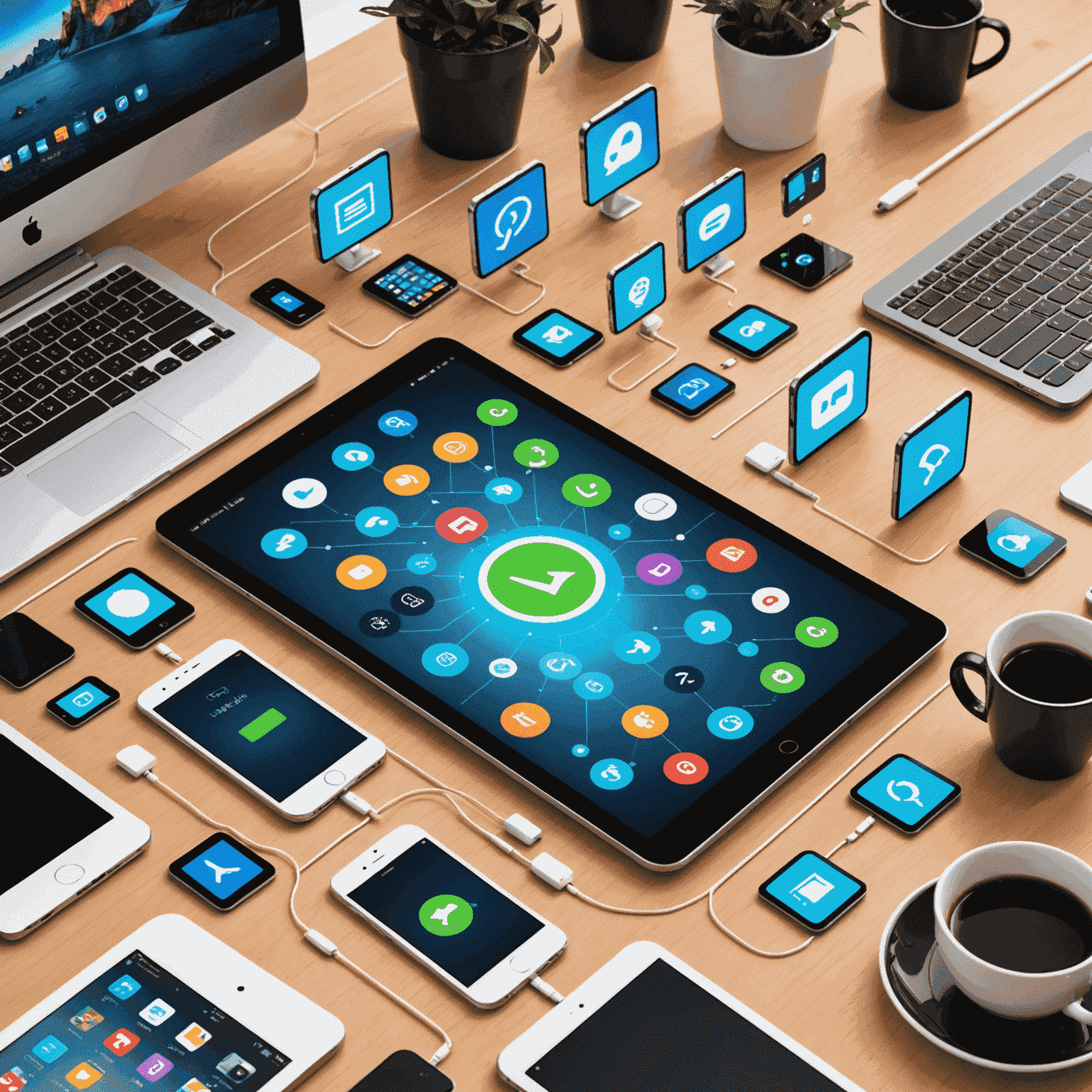 Various electronic devices (smartphone, tablet, laptop) surrounded by icons representing different data usage activities like streaming, browsing, and downloading.