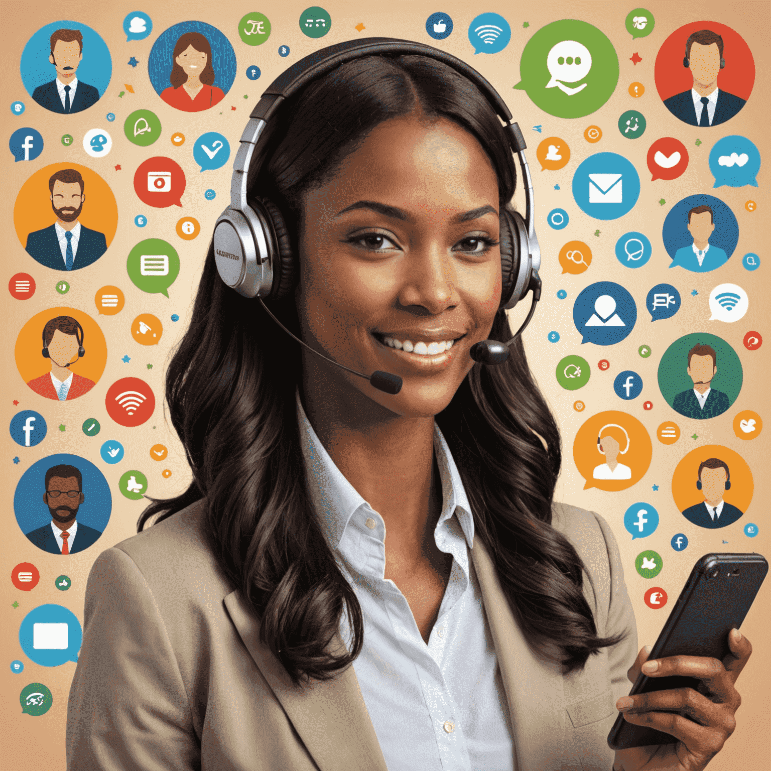 A friendly customer service representative wearing a headset, surrounded by icons representing various communication channels like chat, email, and phone.